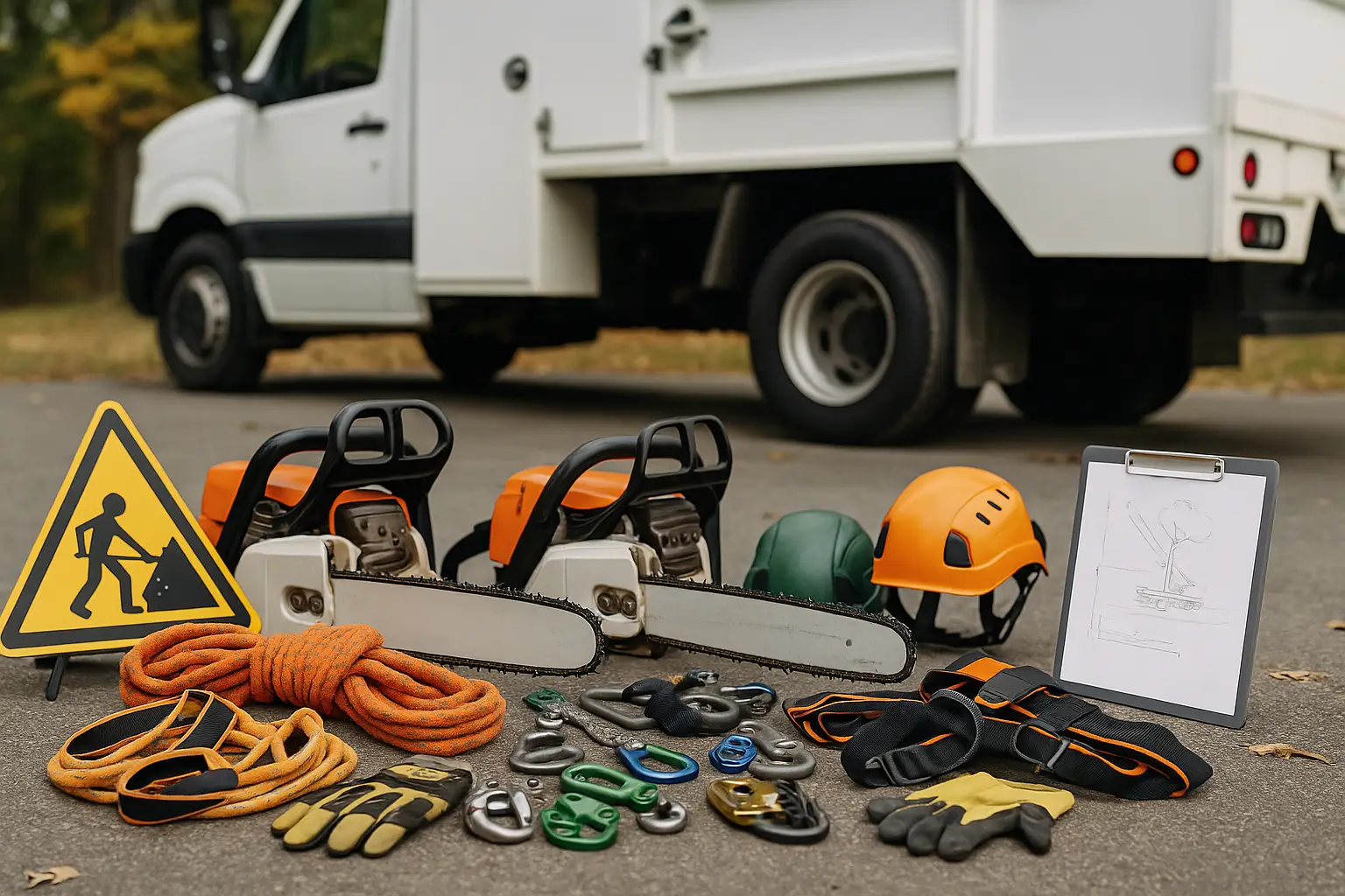 Professional tree removal safety gear and chainsaws in front of service truck in Grand Island, NE
