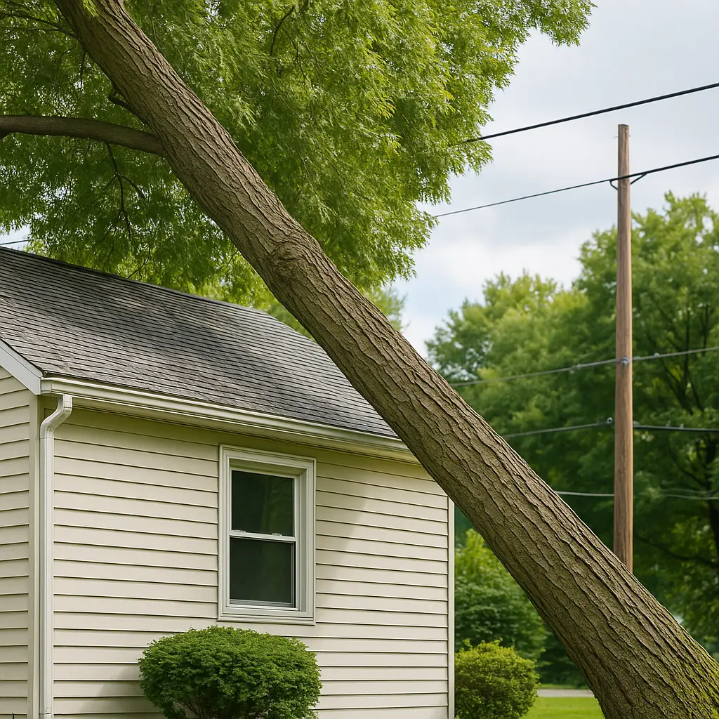 Leaning tree dangerously close to house and power lines in Grand Island, NE